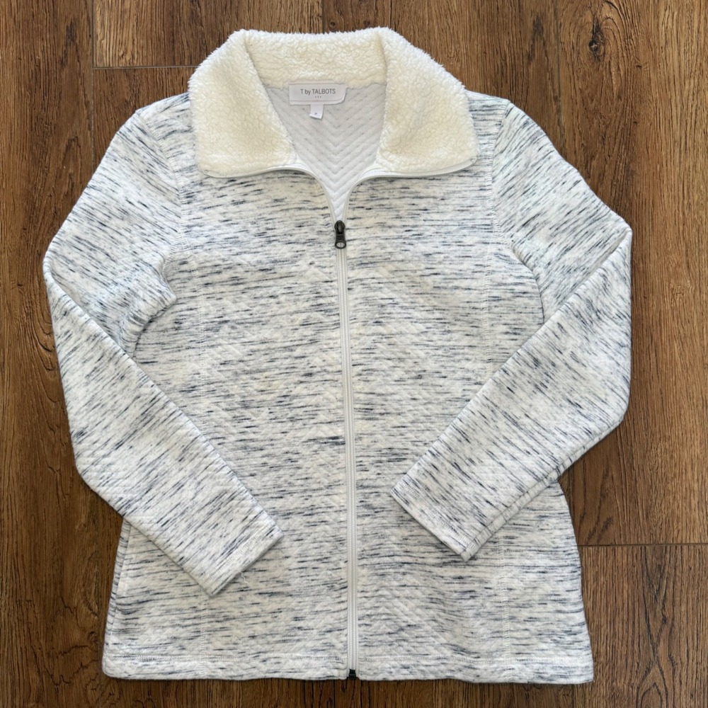 T by Talbots Sherpa Collar Quilted Full Zip Jacket Women's Petite (P) Gray White